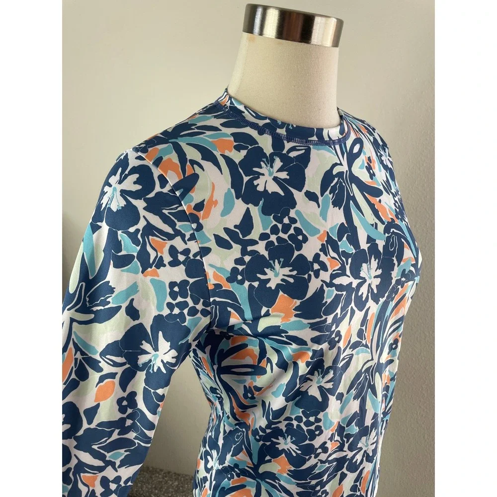 Roxy Women Small Blue Green Floral Tropical Long‎ Sleeve Rash Guard Swim Top